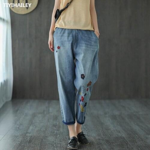 TIYIHAILEY Free Shipping 2020 Calf Length Fashion Women Trousers Plus Size Denim Jeans Size M-XL Summer High Quality Embroidery