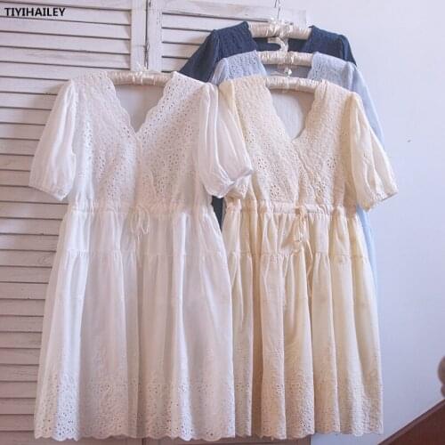TIYIHAILEY Free Shipping High Quality Cotton Embroidery Dress Summer Knee Length White Blue Dress Japan Style V-Neck Dresses