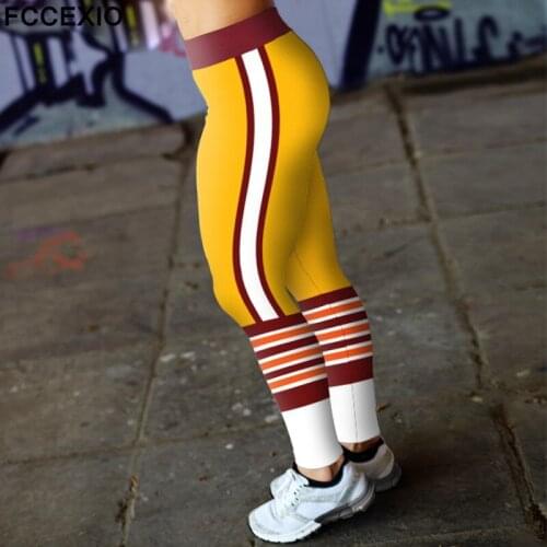 FCCEXIO Rugby Stripe 3D Print Womens Pants Push Up Running Sports Leggings Slim Pants Female Casual Trousers Fitness Leggings
