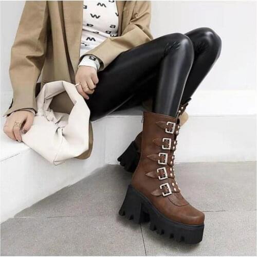 TGHDOF Black Punk Ankle Platform Motorcycle Martin Boots Women Lace up Chunky Heel Belt Buckle Pocket Designer Shoes Women 35-43