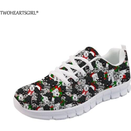 Twoheartsgirl Floral Schnauzer Print Sneakers for Women Breathable Female Ladies Mesh Flats Light Lace Up Women Flat Shoes