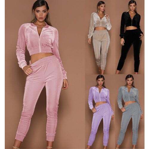 Velour Two Piece Set Women Tracksuit Spring Autumn Clothes Zipper Crop Top and Pants Suit Streetwear Womens Sets Velvet Outfits