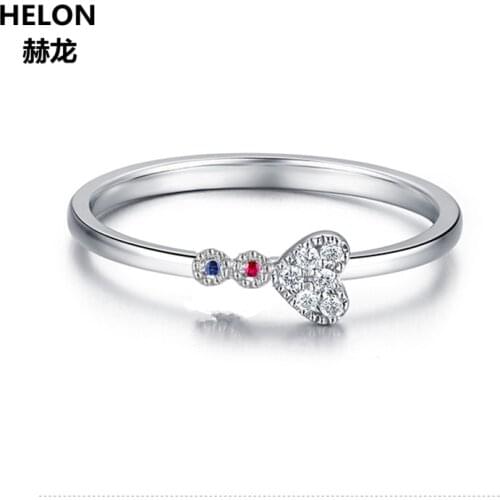 Solid 14k White Gold Natural Diamonds Ruby Sapphire Engagement Wedding Ring for Women Heart Party Fine Jewelry