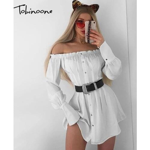 Tobinoone Off Shoulder White Dress Women Long Sleeve Button Backless Dress High Waist Mini Vestidos Straight Ruffle Sexy Dresses