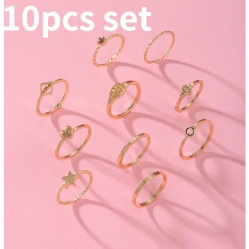 10pcs set New Crown Open Five-pointed Star Peach Heart Ring Alloy Open Ring 10 Piece Set Personalized Set Pearl Joint Tail Ring