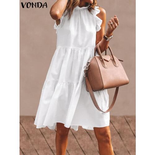 VONDA Summer Dress 2021 Women Sexy Ruffled Neck Sleeveless Tank Mini Dresses Bohemian Party Robe Femme Vestidos