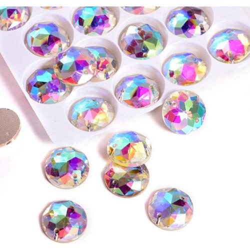 36pcs 14mm Glass Strass Crystal AB Round Gird Sew On Rhinestones White Holes White Sew-on Stones For Clothes Decoration B1012