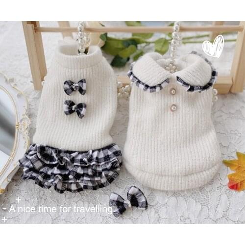 Free Shipping Handmade Dog Sweater Dog Dress Black White Plaid Cake Skirt Couples Dress Thick Warm Winter Outerwear Poodle