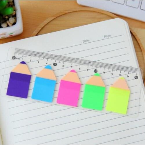 Novelty Pencil Shape Fluorescent Self-Adhesive Memo Pad Sticky Notes Bookmark with Ruler School Office Supply