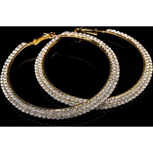 Crystal Rhinestone Large Hoop Earrings Silver Plated and Gold Color Round Circle Bridal Wedding Earrings for Women