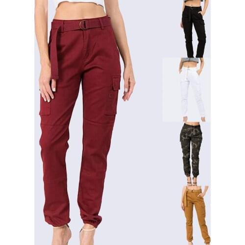 Casual Women Pants Solid Color Multi Pockets Mid Rise Ankle Tie Long Trousers for Work High Street Fashion Elastics Long Trouser