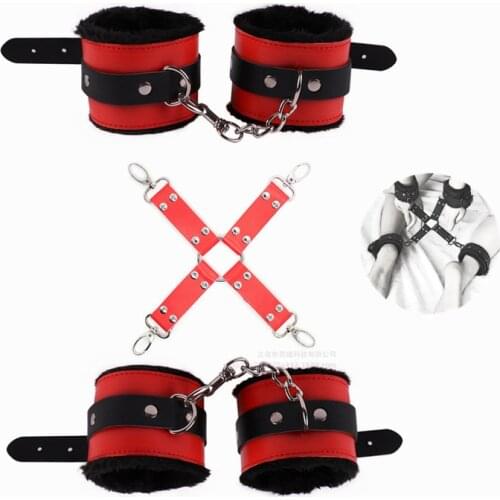 Fetish Bondage Kit of Plush Leather Handcuffs Ankle Cuffs Strap Rope with Cross Buckle Tied Belt for Men Women Bdsm Sex Toys