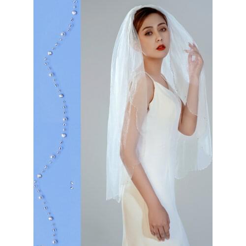 TOPQUEEN V33 Short Wedding Veils with Rhinestones Bridal Veil Crystal Beaded Bead Edge Short Veil with Comb Veil with Crystal