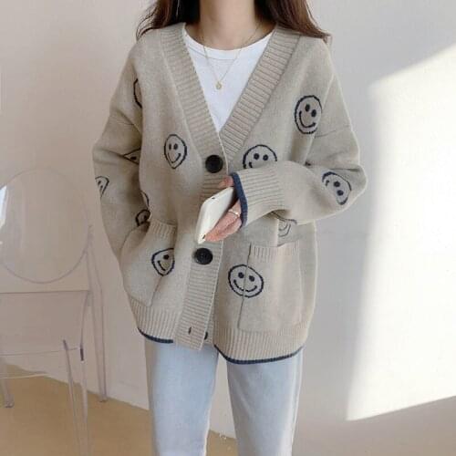 Fashion Smiley Jacquard Women Cardigan Knitted Sweater V Neck Casual Loose Lazy Style Ladies Big Pocket Coat Autumn Top TT0060
