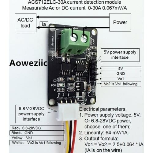 ACS712ELC-30A current detection module Measurable Ac or DC current 0-30A 0.067mV/A
