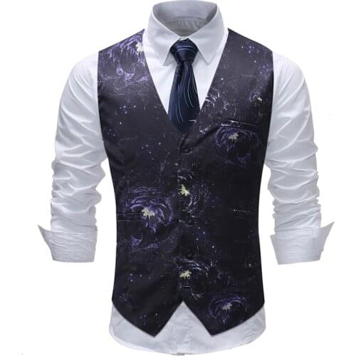 Men Formal Suit Print Vest Sleeveless Waistcoat Slim Business Wedding Classic Tuxedo Outerwear Social Blazer