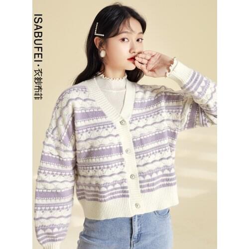 2021 autumn new striped knitted cardigan female design sense niche long-sleeved retro sweater coat