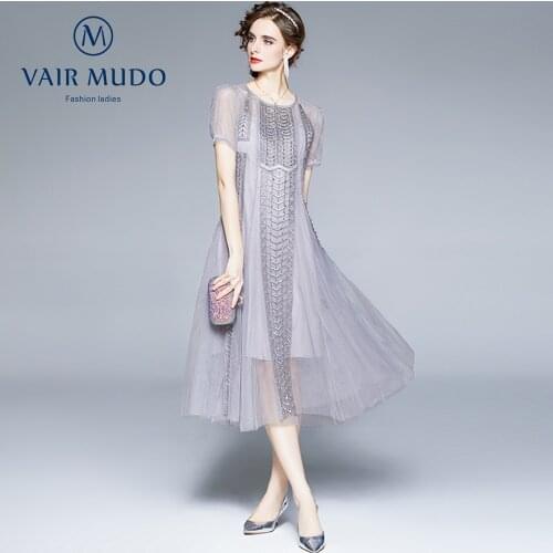 2021 Summer Dress Thin French High-End Design Sense Niche Waist Heavy Embroidery Mesh Skirt Pink Gray Fashion Gray Dress Y-302