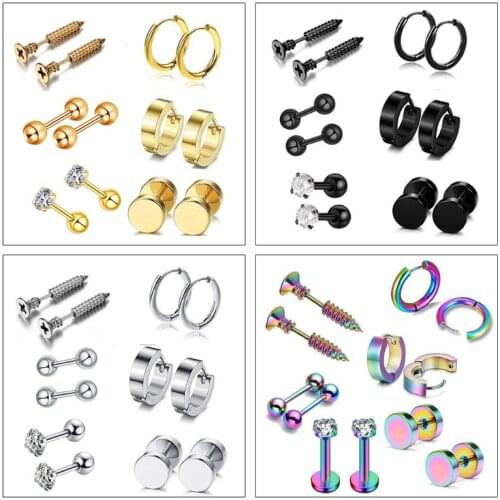 12Pcs/set Stainless Steel Ear Studs Unisex Screw Barbell Piercing Earrings Ear Ring for Women Men Jewelry Accessories