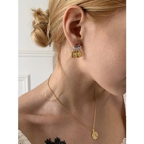 INS medieval portrait pattern coin zircon earrings female European and American ins niche personality fashionable retro earrings