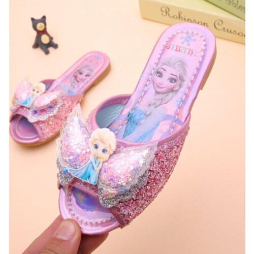 Disney Frozen Girls Slippers Princess Cartoon Kids Home Slipper Beach Shoes Childrens Sequins Bowknot Flip Flops Casual Slider