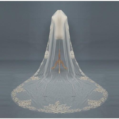 Champagne Ivory White Wedding Veils Bridal Cathedral 1T Lace Appliques With Comb