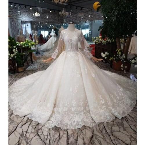 BGW HT568 Eastern Style Ivory Wedding Dresses Long Tulle Appliques Sleeves Deep V-neck Handmade Ball Gown Wedding Gowns 2020