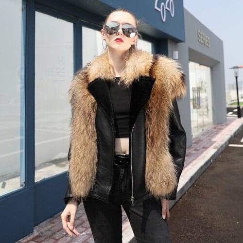 Women Genuine Leather Jacket With Raccoon Fox Fur Trim Ladies Luxury Sheepskin shearling Coat Winter Double Face Fur Jacket