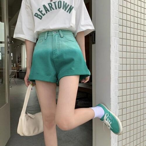 Color Block Denim Shorts Women Cool Fashion Retro Wide Leg Gradient Color Chic Ulzzang Lovely Vintage Washed Streetwear Oversize