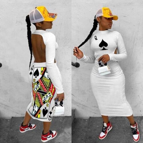 Autumn High Collar Night Clubwer Sexy Maxi Dress Spade Q Poker Printed Woman Long Sleeve Slim Fit Backless Long Party Vestidos