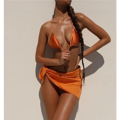 3Simple Sexy Swimsuit Suits Solid Color Spaghetti Belt Bikini Top + Panties + Hip Skirt for Ladies Beach Party Wearing S / M / L