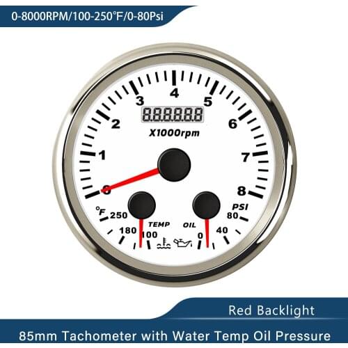 3 in 1 85mm Multi-function Rev Counter 8000RPM Water Temp Oil Pressure 120-240℉ 0-80Psi With Red Backlight for Car Boat