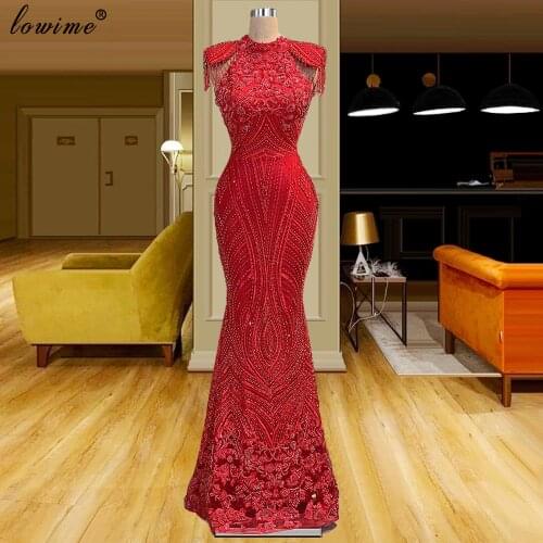 Arabic Red Cocktail Dresses Mermaid Beading Prom Dresses For Women Luxury Evening Dresses Wedding Party Gowns Robes De Cocktail