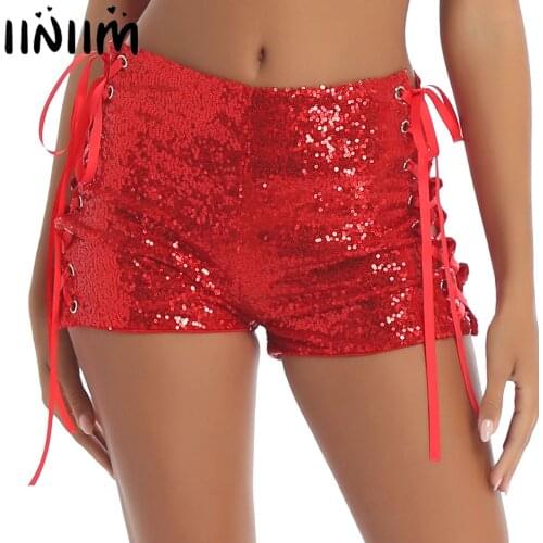 Shiny Sequins Side Lace-Up Hot Sexy Mini Shorts Women Stage Performance Costume Nightclub Party Festival Rave Pole Dance Clothes