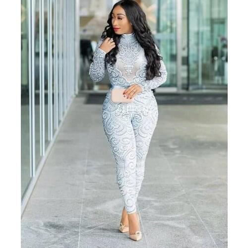 Sparkly Pearls Rhinestones Bodysuit Big Stretch Sexy Jumpsuit Stage Birthday Evening Party Celebrate Singer Dance outfit