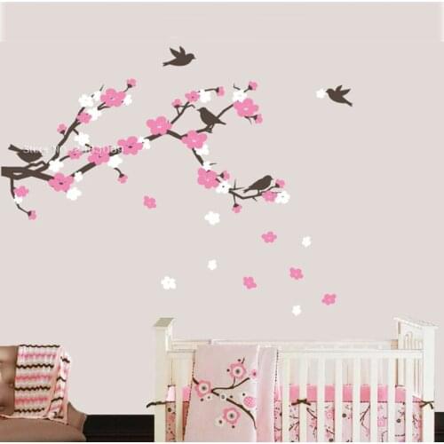 Large Size Cherry Blossom Branch and Birds Wall Decal Country style Nursery Wall Sticker For Kids Bedroom Art Decor Mural LC1329