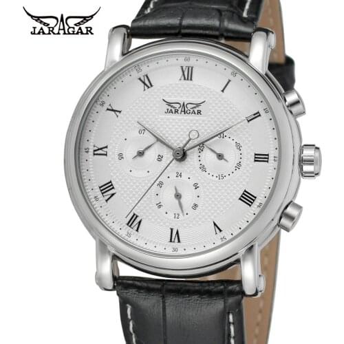 JARAGAR Fashion Top Brand Luxury Automatic Mechanical Self-wind 24 Hour Week Date Solid Roman Index Dial Pu Leather Men Watch