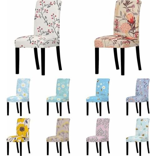 Idyllic Flowers Stretch Chair Cover Elastic Floral Bee Seat Chair Covers Slipcovers Restaurant Banquet Home Party Decor Sky Blue
