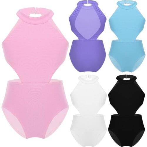 Kids Girls Ballet Leotard Dancewear Sleeveless Halter Cutouts on Waist Backless Gymnastics Leotard Ballet Dance Jumpsuit 2020