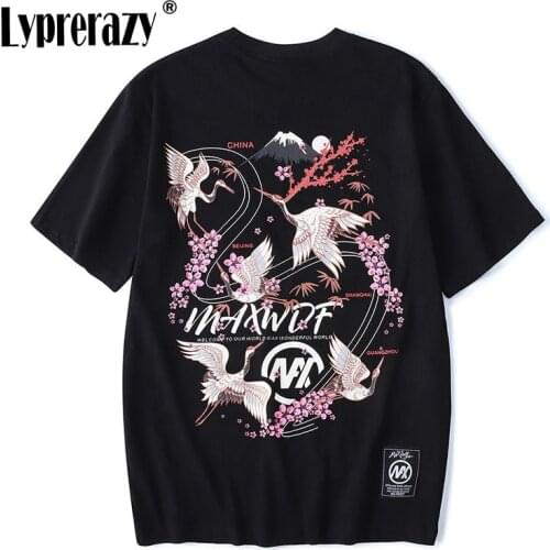 Lyprerazy Chinese Hip Hop Men T Shirt Streetwear Harajuku Tshirt Floral Crane Embroidery Summer Cotton Short Sleeve T-Shirt
