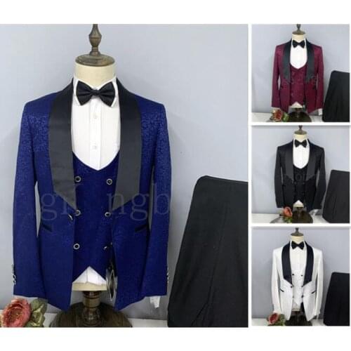 Classic blue jacquard formal wedding suits men 3 piece Red groom tuxedo black satin Shawl collar pants man casual party Blazer