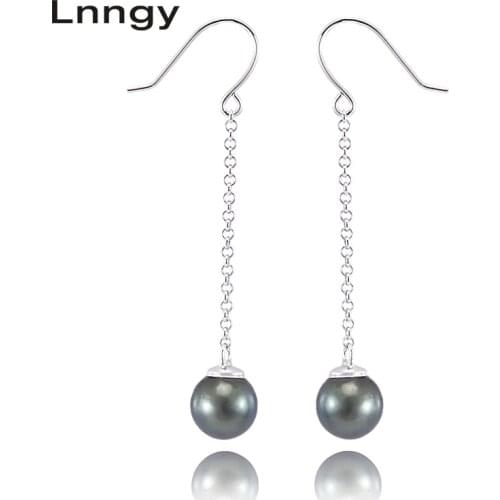 Lnngy Black Tahiti Pearl Drop Earrings for Women Perfect Round Pearl Chain Drop Earring 925 Sterling Silver Women Ear Hooks gift