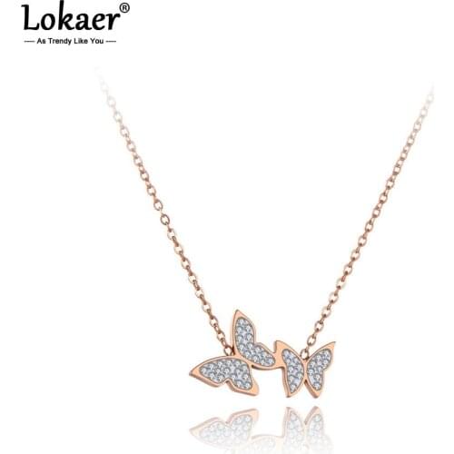 Lokaer Trendy Stainless Steel Double Crystal Butterfly Choker Necklaces Jewelry Lovely Pendant Necklace For Women Girls N19179