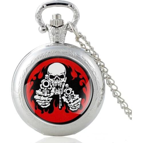 Skull With Gun Vintage Glass Cabochon Quartz Pocket Watch Retro Men Women Pendant Necklace Chain Hours Clock Gifts