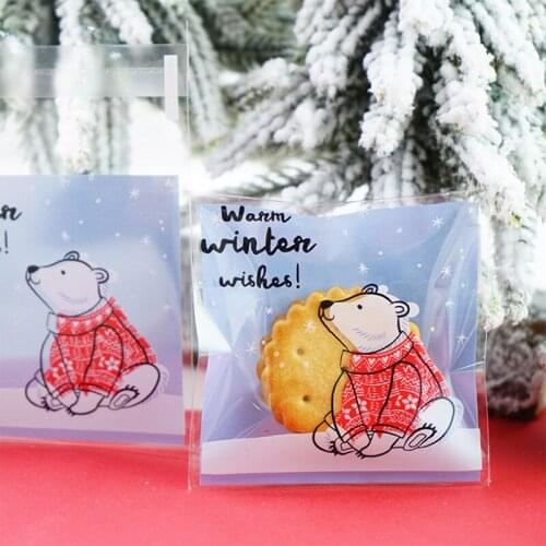 100pcs mini candy biscuits plastic bag white bear elk self-adhesive christmas ornaments Party Supplies 7x7cm gift bags wholesale