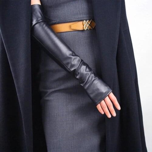Women Winter Warm Half Finger Arm Sleeve Nightclub Show Touch Screen Mitten Thin Long Fingerless Pu Leather Driving Gloves M36