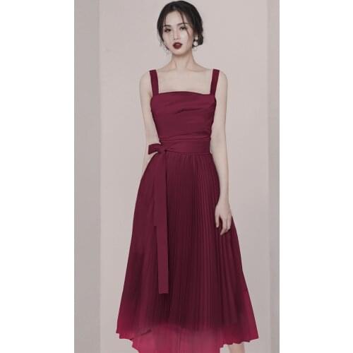 Luxurious Sashes Mid-Length Zipper Up Straps Elegant Dance Office Dress Simple A-Line Square Pleats Burgundy Women Party Dress