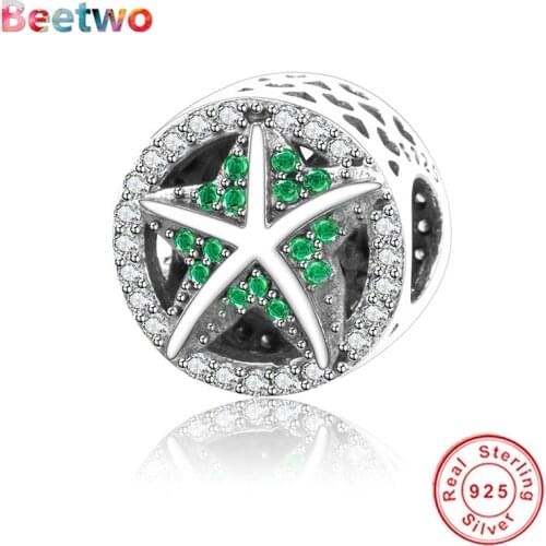 Fit Original Pandora Charms Bracelet 925 Silver Green zircon starfish Charm Beads Pendant For Jewellery Making Women Berloque