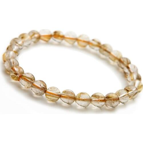 Drop Shipping Women Female Stretch Crystal Round Bead Bracelet Gold Gem Stone Natural Rutilated Quartz Bracelet 7mm