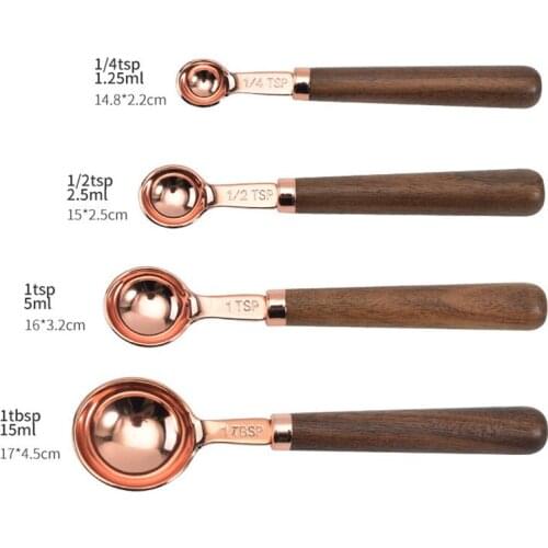 Rose Gold Stainless Steel Multi-function Measuring Cups Measuring Spoon Wooden Handle Kitchen Measuring Baking Tool 4Pcs/Set